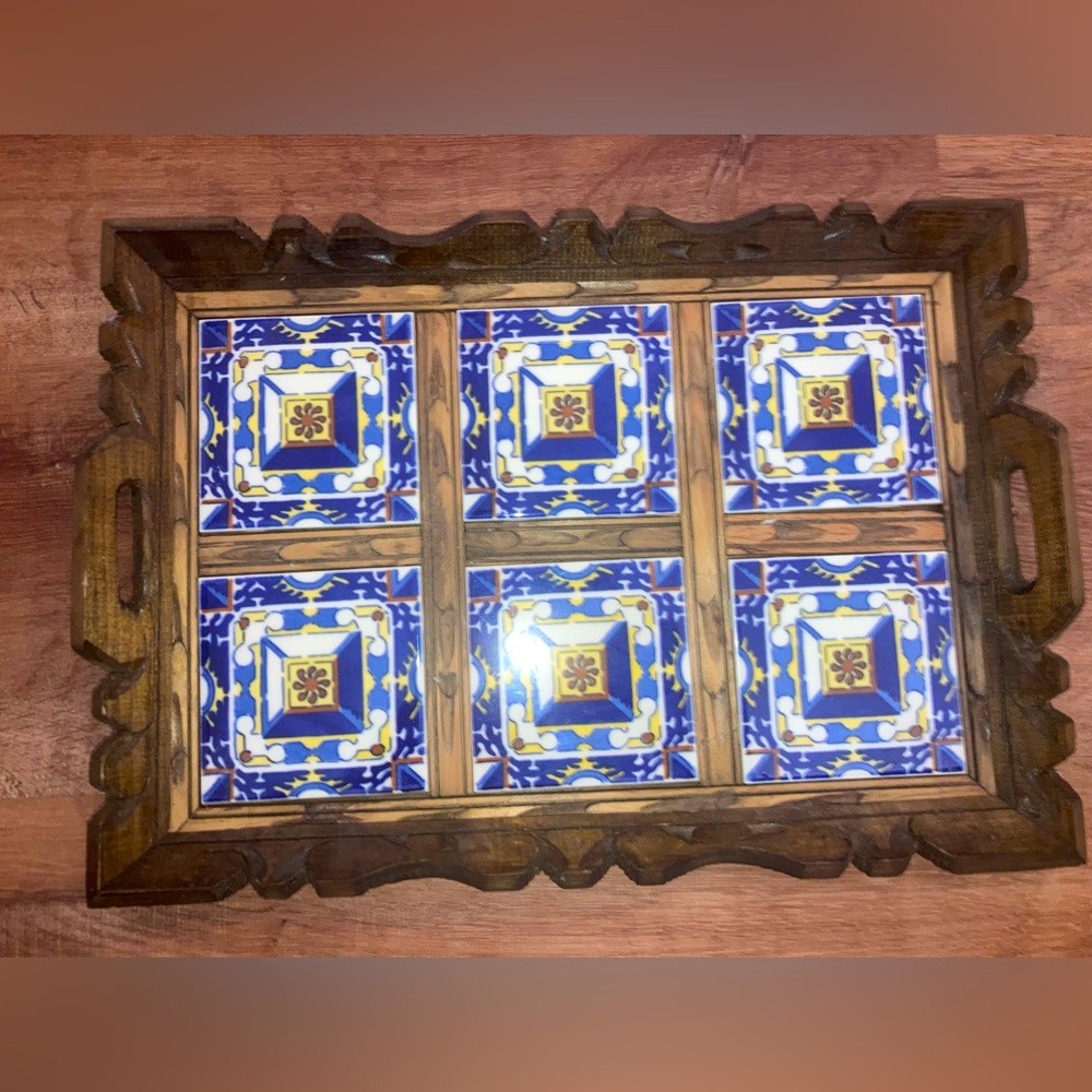 Vintage Mexican wood ceramic serving tray 1970’s